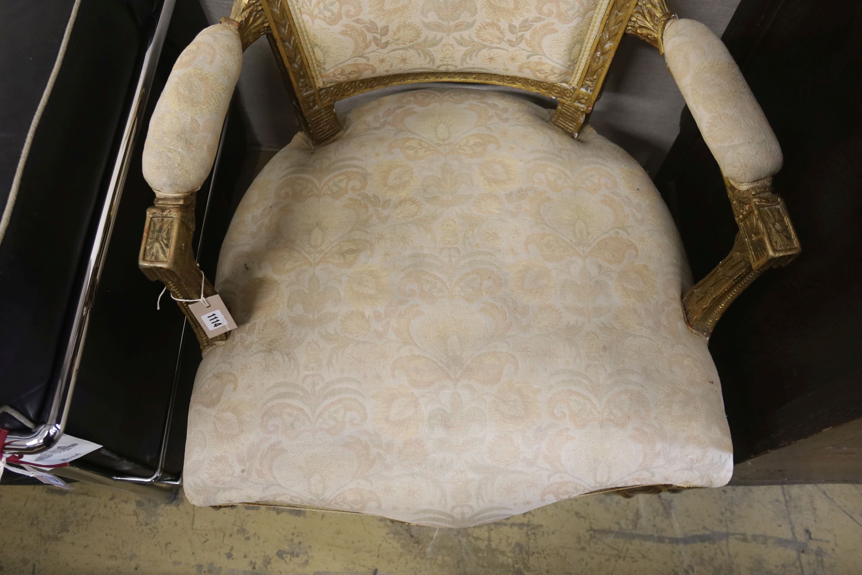 A 19th century French giltwood fauteuil, width 65cm, depth 60cm, height 94cm